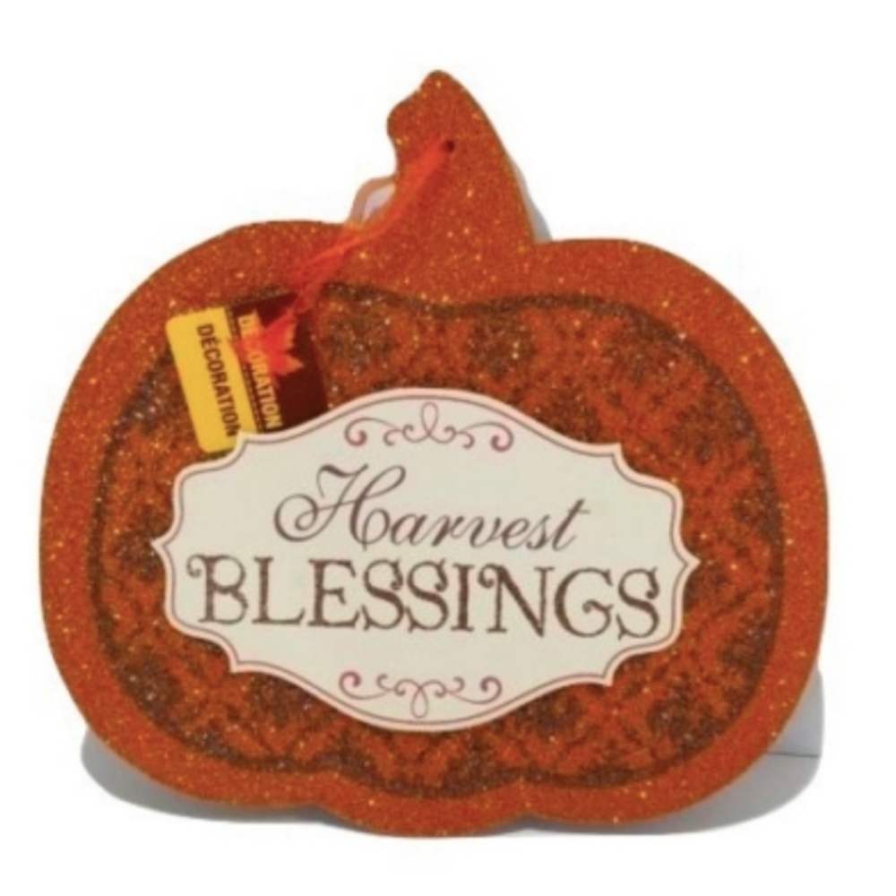 Thanksgiving Harvest Blessings Sign Orange pumpkin glitter *